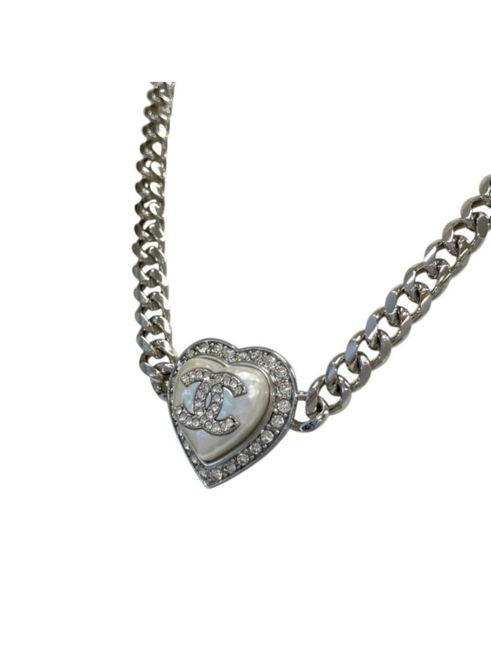 Chanel CC Logo Heart Chain Necklace Silver Colored